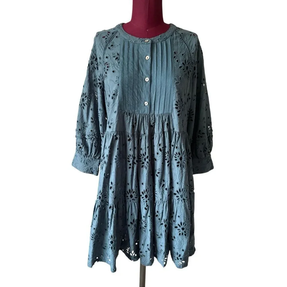 DRA Los Angeles Teal‎ Eyelet Dress Anthropologie Size Small Quarter Sleeves